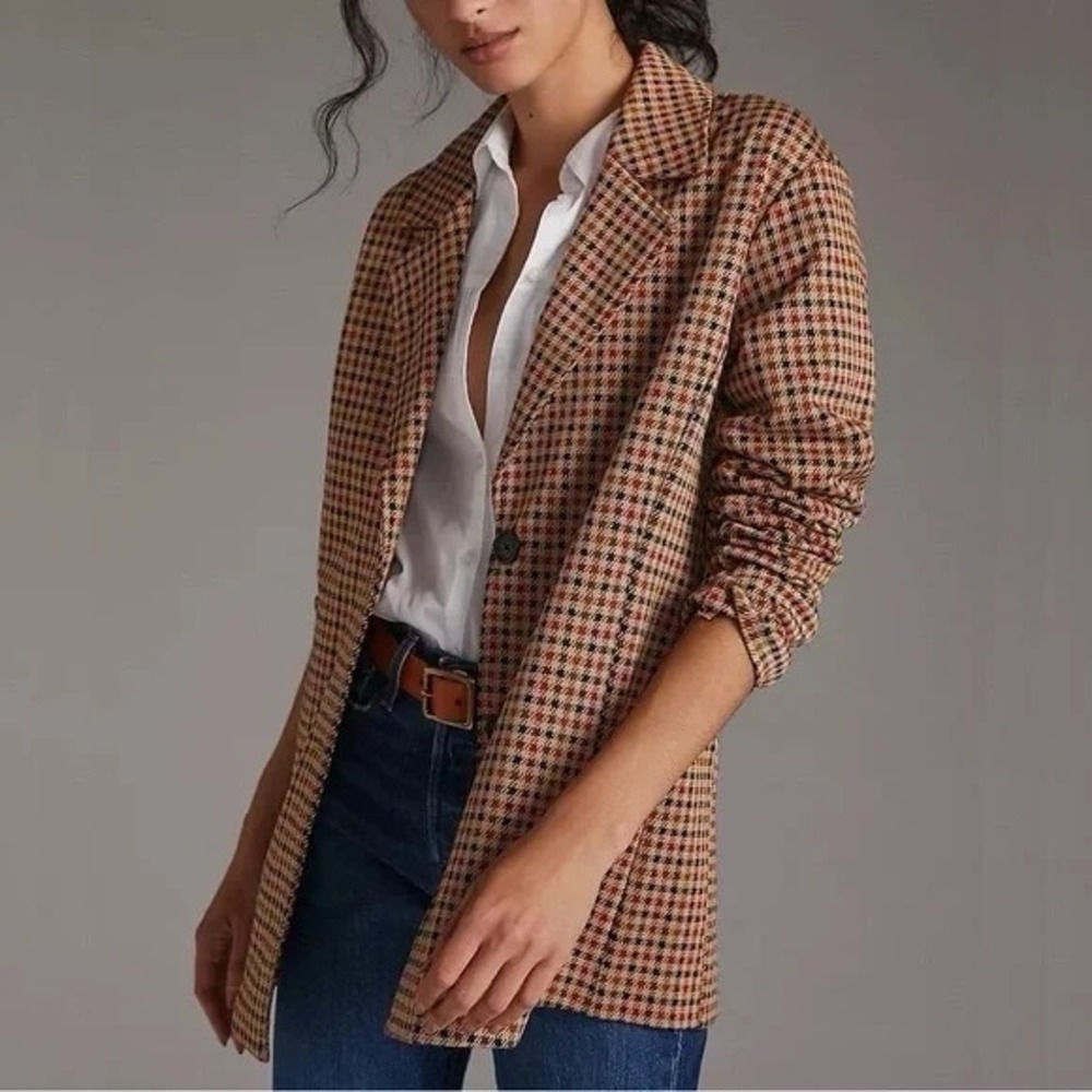 Avec Les Filles Blazer Plaid Houndstooth Longline Brown Womens Plus Size 1X